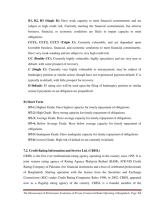 The Measurement of Performance Evaluation of Private Commercial Banks Operating in Bangladesh. Page: 62
B1, B2, B3 (Single B): Have weak capacity to meet financial commitments and are
subject to high credit risk. Currently meeting the financial commitments, but adverse
business, financial, or economic conditions are likely to impair capacity to meet
obligations.
CCC1, CCC2, CCC3 (Triple C): Currently vulnerable, and are dependent upon
favorable business, financial, and economic conditions to meet financial commitments.
Have very weak standing and are subject to very high credit risk.
CC (Double CC): Currently highly vulnerable, highly speculative and are very near to
default, with some prospect of recovery.
C (Single C): Currently very highly vulnerable to non-payment, may be subject of
bankruptcy petition or similar action, though have not experienced payment default. C is
typically in default, with little prospect for recovery.
D Default: 'D' rating also will be used upon the filing of bankruptcy petition or similar
action if payments on an obligation are jeopardized.
B) Short Term
ST-1: Highest Grade. Have highest capacity for timely repayment of obligations.
ST-2: High Grade. Have strong capacity for timely repayment of obligations.
ST-3: Average Grade. Have average capacity for timely repayment of obligations.
ST-4: Below Average Grade. Have below average capacity for timely repayment of
obligations.
ST-5: Inadequate Grade. Have inadequate capacity for timely repayment of obligations.
ST-6: Lowest Grade. High risk of default or are currently in default.
7.2. Credit Rating Information and Service Ltd. (CRISL)
CRISL is the first ever multinational rating agency operating in the country since 1995. It is
joint venture rating agency of Rating Agency Malaysia Berhad (RAM), JCR-VIS Credit
Rating Company of Pakistan, few financial institutions and a host of celebrated professionals
of Bangladesh. Starting operation with the license from the Securities and Exchange
Commission (SEC) under Credit Rating Companies Rules 1996, in 2002, CRISL appeared
now as a flagship rating agency of the country. CRISL is a founder member of the
 