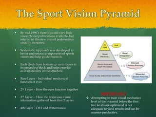  By mid 1990’s there was still very little
research and publications available, but
interest in this new area of performance
steadily increased.
 Systematic Approach was developed to
better understand components of sports
vision and help guide research.
 Each block from bottom up contributes to
its preceding block and helps provide
overall stability of the structure.
 Base Layer – Individual mechanical
function of eyes
 2nd Layer – How the eyes function together
 3rd Layer – How the brain uses visual
information gathered from first 2 layers
 4th Layer – On Field Performance
IMPORTANT
 Attempting to train visual mechanics
level of the pyramid before the first
two levels are optimized is not
adequate to yield results and can be
counter-productive.
 