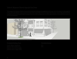 60
Zone 4: Museum District Special Use Zone
The zoning of the Museum District is done with the intention of keeping the neighborhood the same with 2 exceptions: to encourage the
construction and adaptive reuse of current structures into Granny Flats and to encourage infill structures. Granny flats will benefit this
neighborhood by increasing affordable housing in the city as well as giving property owners opportunities to create additional sources of
income for themselves.
Permitted Building Types
Scott’s Addition Residential
Museum District Mixed-Use
Museum District Multi-Family
Museum District Single Family
R-2
R-6
Permitted Zoning
Intersection of Cutshaw Avenue and North Belmont Avenue, facing south-west
 