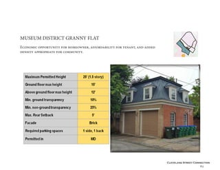 Cleveland Street Connection
63
MUSEUM DISTRICT GRANNY FLAT
Economic opportunity for homeowner, affordability for tenant, and added
density appropriate for community.
 
