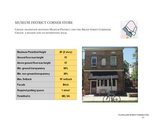Cleveland Street Connection
65
MUSEUM DISTRICT CORNER STORE
Create transition between Museum District and the Broad Street Corridor.
Create a reason and an interesting walk.
 