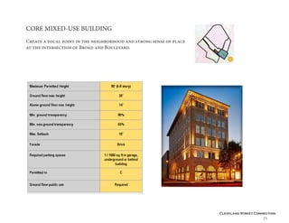 Cleveland Street Connection
71
CORE MIXED-USE BUILDING
Create a focal point in the neighborhood and strong sense of place
at the intersection of Broad and Boulevard.
 