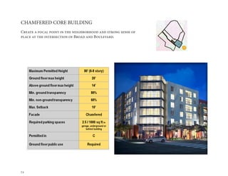 72
CHAMFERED CORE BUILDING
Create a focal point in the neighborhood and strong sense of
place at the intersection of Broad and Boulevard.
 