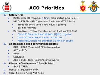 ACO Priorities
1. Safety first
• Better with OK flowplan, in time, than perfect plan to late!
• HELO SITREPs (HELO positions / altitudes /ETA / Task)
• Try to do every time a new HELO is joining
• 15 min intervals
• Be directive – control the situation, or it will control You!
• Give HELOs a point and altitude (QNH) to go to!
• Give HELOs a task or inform ”expect to…..”
• Make HELOs hold no later than 10 NM if in doubt!
1. Implement a good communication plan
• RCC – HELO (Rear brief / Mission results)
• ACO –HELO
• Hoist
• On Scene
• ACO / OSC / RCC (Coordinator Network)
1. Mission effectiveness / Details later
• SAR SITREPs
1. Manual is a guideline only.
2. Keep it simple / Also ACO tools
 