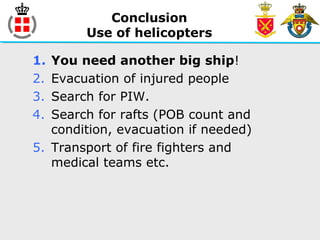 Conclusion
Use of helicopters
1. You need another big ship!
2. Evacuation of injured people
3. Search for PIW.
4. Search for rafts (POB count and
condition, evacuation if needed)
5. Transport of fire fighters and
medical teams etc.
 