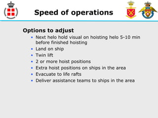 Speed of operations
Options to adjust
• Next helo hold visual on hoisting helo 5-10 min
before finished hoisting
• Land on ship
• Twin lift
• 2 or more hoist positions
• Extra hoist positions on ships in the area
• Evacuate to life rafts
• Deliver assistance teams to ships in the area
 