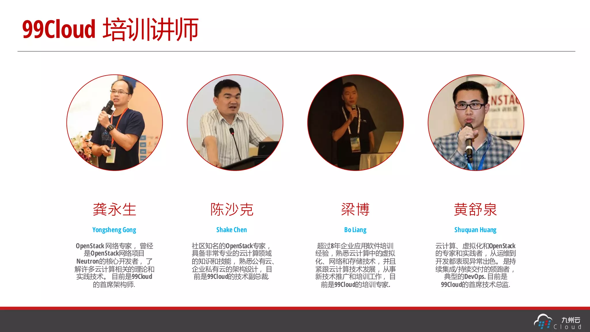 99Cloud 培训讲师
龚永生
Yongsheng Gong
OpenStack 网络专家， 曾经
是OpenStack网络项目
Neutron的核心开发者， 了
解许多云计算相关的理论和
实践技术。 目前是99Cloud
的首席架构师.
陈沙克
Shake Chen
社区知名的OpenStack专家，
具备非常专业的云计算领域
的知识和技能， 熟悉公有云、
企业私有云的架构设计， 目
前是99Cloud的技术副总裁.
梁博
BoLiang
超过8年企业应用软件培训
经验，熟悉云计算中的虚拟
化、网络和存储技术，并且
紧跟云计算技术发展，从事
新技术推广和培训工作， 目
前是99Cloud的培训专家.
黄舒泉
Shuquan Huang
云计算、虚拟化和OpenStack
的专家和实践者，从运维到
开发都表现异常出色。是持
续集成/持续交付的领跑者，
典型的DevOps. 目前是
99Cloud的首席技术总监.
 