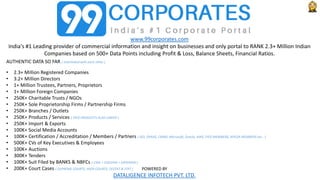 www.99corporates.com
India's #1 Leading provider of commercial information and insight on businesses and only portal to RANK 2.3+ Million Indian
Companies based on 500+ Data Points including Profit & Loss, Balance Sheets, Financial Ratios.
POWERED BY
DATALIGENCE INFOTECH PVT. LTD.
AUTHENTIC DATA SO FAR ( Interlinked with each other )
• 2.3+ Million Registered Companies
• 3.2+ Million Directors
• 1+ Million Trustees, Partners, Proprietors
• 1+ Million Foreign Companies
• 250K+ Charitable Trusts / NGOs
• 250K+ Sole Proprietorship Firms / Partnership Firms
• 250K+ Branches / Outlets
• 250K+ Products / Services ( FIEO PRODUCTS ALSO LINKED )
• 250K+ Import & Exports
• 100K+ Social Media Accounts
• 100K+ Certification / Accreditation / Members / Partners ( ISO, OHSAS, CMMI, Microsoft, Oracle, AWS, FIEO MEMBERS, APEDA MEMBERS etc.. )
• 500K+ CVs of Key Executives & Employees
• 100K+ Auctions
• 300K+ Tenders
• 100K+ Suit Filed by BANKS & NBFCs ( CIBIL + EQUIFAX + EXPERIAN )
• 200K+ Court Cases ( SUPREME COURTS, HIGH COURTS, CESTAT & ITAT )
 