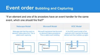 Element 1
Event order Bubbling and Capturing
“If an element and one of its ancestors have an event handler for the same
event, which one should fire first?”
Netscape Model Microsoft Model W3C Model
Netscape said that the event on
element1 takes place first. This is
called event capturing.
Microsoft maintained that the event
on element2 takes precedence.
This is called event bubbling.
In the W3C event model is first
captured until it reaches the target
element and then bubbles up again.
Element 2
Element 1
Element 2
Element 1
Element 2
 