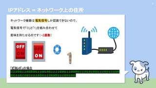 IPアドレス = ネットワーク上の住所
5
ネットワーク機器は電気信号しか認識できないので、
電気信号で「0」と「1」を組み合わせて
意味を持たせるのです（ =2進数）
「ビヨンド」の場合
111000111000001110010011111000111000001110101000111000111000
001110110011111000111000001110001001
 