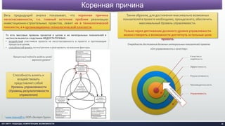 Коренная причина
35ICE UNITY: ПОДХОДЫ, КОМПЕТЕНЦИИ, ВОЗМОЖНОСТИ
Весь предыдущий анализ показывает, что коренная причина
несогласованности, т.е. главный источник проблем реализации
инвестиционно-строительных проектов, лежит не в технологической
плоскости, а в организационно-технологической плоскости.
Процессный подход к модели целей
верхнего уровня 1:
1 www.iso9000ff.ru, ООО «Эксперт Групп»
Качество и
надёжность
Эффективность
Результативность
Производительность
Управляемость
Очередность достижения должных интегральных показателей проекта
«От управляемости к качеству»:
То есть массовые провалы проектов в целом и их интегральных показателей в
частности являются следствием НЕДОСТАТОЧНЫХ:
• воздействий участников проекта на несогласованность в проекте и протекающие
процессы в целом;
• способностей влиять на внутренние и реагировать на внешние факторы.
Таким образом, для достижения максимально возможных
показателей в проекте необходимо, прежде всего, обеспечить
максимальный Уровень управляемости.
Только через достижение должного уровня управляемости
можно говорить о возможности достигнуть остальные цели
проекта.
Способность влиять и
воздействовать
представляет собой
Уровень управляемости
(Уровень результативности
управления)
 