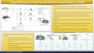 Укрупнённый алгоритм автоматической работы КИМ
44ICE UNITY: ПОДХОДЫ, КОМПЕТЕНЦИИ, ВОЗМОЖНОСТИ
• Система считывает из 3D-модели для каждого конструктивного элемента
физические объемы работ (например, бетон в м3, металлоконструкции в тоннах и
т.д.);
• Выбирает из базы знаний соответствующие конструктивным элементам технологии
выполнения работ (например, для монолитных конструкций: армирование ->
установка опалубки -> укладка бетонной смеси -> уход за бетоном -> демонтаж
опалубки);
• Выполняет расчет сетевой модели с установлением технологических связей между
работами;
• Рассчитывает продолжительности работ исходя из их физического объема, норм
выработки и эксплуатационной производительности ведущих машин и/или
механизмов;
• Оптимизирует календарно-сетевой график в массе ограничений: временных,
стоимостных, ресурсных, логистических, климатических и т.д., выбирая из тысяч
возможных вариантов наиболее оптимальный;
• Формирует все необходимые для организации строительства
расчеты:
• планы освоения физобъемов по исполнителям;
• графики движения рабочей силы, машин, механизмов,
оснастки;
• сметы, рассчитанные прямым ресурсным способом;
• планы финансирования;
• планы поставок оборудования, изделий и материалов
на площадку строительства и др.
 