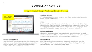 GO O GLE ANALY TICS
10
DON’T BE TOO
INTIMIDATED.
Step 1 - Install Google Analy tics. Step 2 - Obser ve
YOU CAN DO THIS
It’...