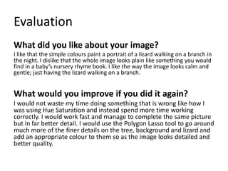 Evaluation 
What did you like about your image? 
I like that the simple colours paint a portrait of a lizard walking on a branch in 
the night. I dislike that the whole image looks plain like something you would 
find in a baby’s nursery rhyme book. I like the way the image looks calm and 
gentle; just having the lizard walking on a branch. 
What would you improve if you did it again? 
I would not waste my time doing something that is wrong like how I 
was using Hue Saturation and instead spend more time working 
correctly. I would work fast and manage to complete the same picture 
but in far better detail. I would use the Polygon Lasso tool to go around 
much more of the finer details on the tree, background and lizard and 
add an appropriate colour to them so as the image looks detailed and 
better quality. 
 