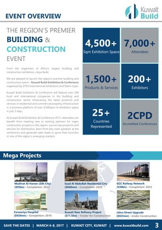 THE REGION’S PREMIER
BUILDING &
CONSTRUCTION
EVENT
From the organisers of Africa’s largest building and
construction exhibition, Libya Build.
We are pleased to launch the region’s premier building and
construction event – Kuwait Build Exhibition & Conference
organised by ATEX International Exhibitions and Deem Expo.
Kuwait Build Exhibition & Conference will feature over 200
local and international companies in the building and
construction sector showcasing the latest products and
services in residential and commercial property infrastructure
in a business platform of over 4,500sqm of exhibition space
in just 3 days.
At Kuwait Build Exhibition & Conference 2017, attendees can
benefit from meeting new or existing partners for major
construction projects in the region, source new products and
services for distribution, learn from key-note speakers at the
conference and generate sales leads to grow their business
in one of the region’s emerging markets.
EVENT OVERVIEW
SAVE THE DATES | MARCH 6-8, 2017 | KUWAIT CITY, KUWAIT | www.kuwaitbuild.com 3
4,500+
Sqm Exhibition Space
200+
Exhibitors
25+
Countries
Represented
7,000+
Attendees
1,500+
Products & Services
2CPD
Accredited Conferences
Madinat Al Hareer (Silk City)
($95bn) - Completion: 2022
Farwaniya Hospital
($928mn) - Completion: 2018
Saad Al Abdullah Residential City
($660mn) - Completion: 2020
GCC Railway Network
($30bn) - Completion: 2022
Kuwait New Refinery Project
($11.5bn) - Tender for Construction
Jahra Street Upgrade
($925mn) - Under Construction
Mega Projects
 