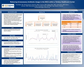 Reducing Unnecessary Antibiotic Usage in the NICU within a Tertiary Healthcare Center
Fred Baker, MD, Michael Garcia, PharmD, Tiffany Transue, BSN, Megan Bell, BSN, Janet Clark, NNP, Sherry
Johnson, NNP, Diane Brace, BSN, AnneMarie West, BSN MBA, Staci Warren, PharmD
Charles.Baker@providence.org
BACKGROUND
AIM
RESULTS
CONCLUSION
REFERENCES
1. Escobar GJ, Puopolo KM, Wi S, et al. Stratification of risk of early-onset sepsis
in newborns ≥34 weeks’ gestation. Pediatrics 2014:133;30-36.
2. Polin RA. Management of neonates with suspected or proven early-onset
bacterial sepsis. Pediatrics 2012;129:1006-15.
3. Puopolo KM, Draper D, Wi S, et al. Estimating the probability of neonatal
early-onset infection on the basis of maternal risk factors. Pediatrics
2011;128:e1155-62.
4. Verani JR, McGee L, Schrag SJ. Prevention of perinatal group b streptococcal
disease: revised guidelines from CDC 2010. MMWR Recomm Rep
2010;59(RR-10):1–36.
5. Warren S, Garcia M, Hankins C. Neonatal Early-Onset Sepsis (EOS) Risk
Calculator Validation and Assessment of Current Guideline Adherence within
Two Tertiary Healthcare Centers. Poster Presentation. Providence Academic
Achievement Day 2016.
• Neonatal early onset sepsis (EOS), defined as sepsis
occurring within 72 hours of life, is a rare but serious
infection that requires prompt intervention
• A retrospective chart review including six months of
data between 2014 and 2015 within our institution’s
NICU and Nursery demonstrated a decrease in
number of antibiotics recommended from 92% using
CDC/AAP guidelines to 34% using the Kaiser EOS
sepsis risk calculator
• Antibiotic usage within our institution’s NICU
averaged 134 antibiotics days/1000 admission days
in 2015 (median 5 antibiotic days/patient)
• To decrease the antibiotic utilization rate in the PPMC
NICU and newborn nursery by 10% by 12/31/16
• Achieve 75% compliance with antibiotic-focused
discussion between the provider and parents of
infants on antibiotics
MECHANISMS
• 16 bed Type A NICU in Portland, Oregon, with a
delivery service of ~2800 infants per year
• Drivers for opportunities for change include
organizational commitment, pharmacy monitoring,
antibiotic prescribing policies, communication
METHODS
• Implementation of 36 hour antibiotic hard stops in
well-appearing infants treated for early onset sepsis
(January 2016)
• NICU RN Antimicrobial Stewardship (AMS) Survey
(April 2016)
• Implementation of EOS calculator on all admissions
≥ 34 weeks gestation and < 72 hours of age (July
2016)
• Implementation of antibiotic rounds as part of daily
multidisciplinary rounds (July 2016)
NICU RN Antimicrobial
Stewardship Survey
N=34
How long is our standard
antibiotics course for rule-
out sepsis?
36 hours (53%)
How often is the indication
for antibiotic use in a
patient made clear to you?
Almost always (41%)
How often is the specific
choice of antibiotic therapy
made clear to you?
Almost always (41%)
How often is the duration
of an antibiotic course
made clear to you?
Almost always (44%)
RESULTS
SETTING
MEASURES
• Antibiotic utilization rates (antibiotic days/1000
patient days; median antibiotic days/patient)
• 36 hour antibiotic hard stop compliance
• EOS calculator data & compliance assessment
• NICU AMS rounds auditing
• Hardstop compliance
• AMS rounds audit
• Calculator Compliance
• Antibiotic usage within our institution’s NICU
increased 1% to average 135 antibiotic days/1000
admission days in 2016 (Jan-Aug)
• Median total patient antibiotic days within our
institution’s NICU decreased 20% to 4 antibiotic
days/patient in 2016 (Jan-Aug)
% Hard Stop Compliance
(Early Onset Sepsis)
Hard Stops on EOS
Antibiotic Orders
Sep-Dec
2015
Jan-Aug
2016
36 hours 21% 61%
Any 50% 87%
• EOS calculator data & compliance assessment (in
progress)
• NICU AMS rounds assessment (in progress)
• Implementation of a 36 hour hard stop for antibiotics
being administered to well appearing infants with
negative cultures has led to a decrease in our
median total antibiotic days per patient while our
AUR has slightly increased during 2016
• Compliance in ordering antibiotic hard stops has
improved in 2016 following implementation of 36
hour hard stop policy
• Implementation of the Kaiser EOS sepsis risk
calculator, improving communication between
providers, staff, and families through daily AMS
rounds, and developing a Newborn AMS Team, will
further efforts to minimize unnecessary antibiotic
exposure within our NICU population
0
50
100
150
200
250
300
Jan-15 Feb-15 Mar-15 Apr-15 May-15 Jun-15 Jul-15 Aug-15 Sep-15 Oct-15 Nov-15 Dec-15 Jan-16 Feb-16 Mar-16 Apr-16 May-16 Jun-16 Jul-16 Aug-16
TotalAntibioticDays
NICU Total Antibiotic Days/1000
NICU Abx Days/1000 Linear (NICU Abx Days/1000)
36 hour stop
EOS Calculator
AMS Rounds
0
5
10
15
20
25
Jan-15 Feb-15 Mar-15 Apr-15 May-15 Jun-15 Jul-15 Aug-15 Sep-15 Oct-15 Nov-15 Dec-15 Jan-16 Feb-16 Mar-16 Apr-16 May-16 Jun-16 Jul-16 Aug-16
TotalAntibioticDays
NICU Total Antibiotic Days Per Patient
Total Abx Days Per Patient Median Abx Days
 
