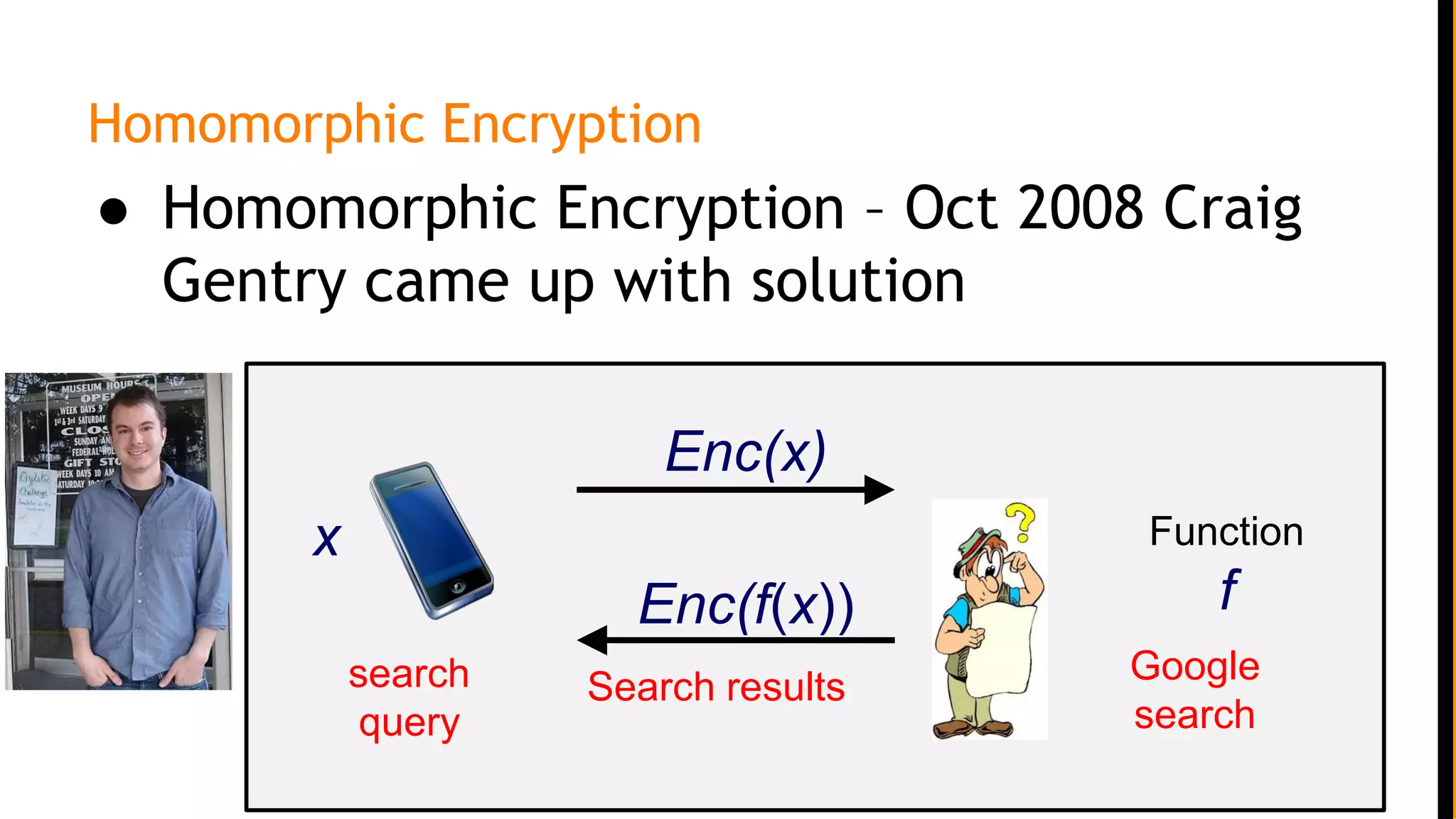 Homomorphic Encryption
● Homomorphic Encryption – Oct 2008 Craig
Gentry came up with solution
Function
f
x
Enc(x)
Enc(f(x))
search
query
Search results
Google
search
 