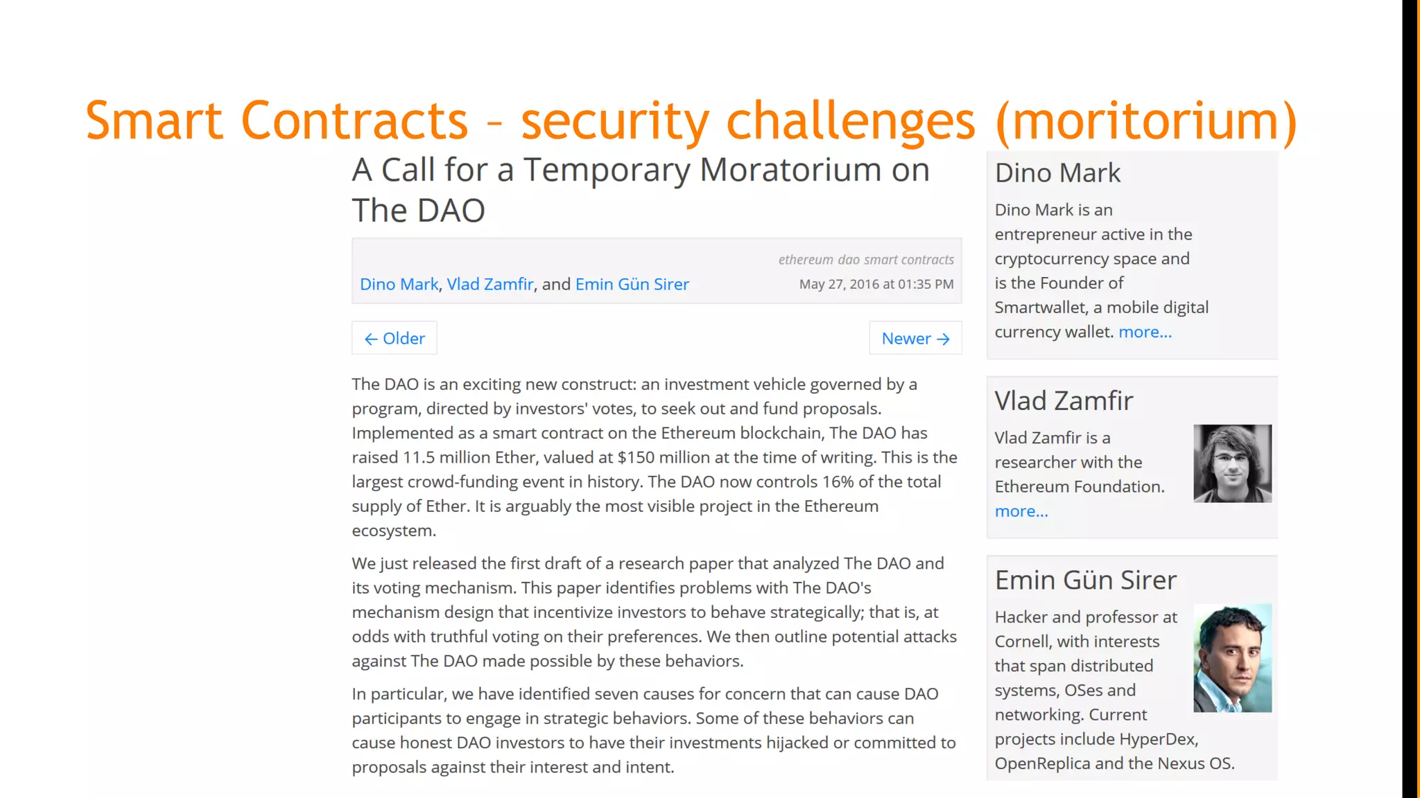 Smart Contracts – security challenges (moritorium)
 