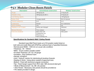 5.0 Modular Clean Room Panels
Description Conventional construction Modular Construction
Weight 300 Kg/Sq.mtr. 25 Kg/Sq.mtr.
Walkable ceiling 500 Kg/Sq.mtr.(RCC) 45 Kg/Sq.mtr.
Load Bearing capacity - 150 Kg/Sq.mtr.
Surface finish Average smooth RA=0.6 microns
Thermal conductivity 0.35 0.12
Condensation Normal No condensation
Particle shedding Yes No
Shipping in case of impact Surface gets damaged Minimum
Moisture Retention Very common Normal
Cost to be considered Basic brick wall
Construction cost
Plastering cost
Epoxy painting cost
Only panels
Specifications for Sandwich Wall / Ceiling Panels
Sandwich type Wall Panel made out of GI powder coated sheet on
both side and inside filled with EPS/Poly urethane foam of specified thickness.
•Normal panel Width : 1200 mm (or as per site condition)
•Thickness : 40 - 100mm
•MOC : GI pre coated / powder coated
•GI sheet Thickness: 20 / 22 / 24 gauge
•Insulation : Poly Urethane Foam
•Density: 40 Kg/m3
•Joint : Using al. section for interlocking & leveling of panels.
•Sealing of Joints : Using silicon sealant of approved color.
•Bottom : Fixed with aluminium angular connection
•Top : Fixed hanger support from RCC slab / MS structural steel grid
• Mode of Measurement : Sq. Mtr. (for panels)
• View Panels : Necessary view panels should be provided as
• Per details provided in design.
 