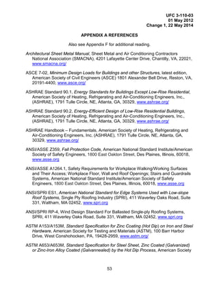 UFC 3-110-03
01 May 2012
Change 1, 22 May 2014
53
APPENDIX A REFERENCES
Also see Appendix F for additional reading.
Architectural Sheet Metal Manual, Sheet Metal and Air Conditioning Contractors
National Association (SMACNA), 4201 Lafayette Center Drive, Chantilly, VA, 22021,
www.smacna.org/
ASCE 7-02, Minimum Design Loads for Buildings and other Structures, latest edition,
American Society of Civil Engineers (ASCE) 1801 Alexander Bell Drive, Reston, VA,
20191-4400, www.asce.org/
ASHRAE Standard 90.1, Energy Standards for Buildings Except Low-Rise Residential,
American Society of Heating, Refrigerating and Air-Conditioning Engineers, Inc.,
(ASHRAE), 1791 Tulle Circle, NE, Atlanta, GA, 30329, www.ashrae.org/
ASHRAE Standard 90.2, Energy-Efficient Design of Low-Rise Residential Buildings,
American Society of Heating, Refrigerating and Air-Conditioning Engineers, Inc.,
(ASHRAE), 1791 Tulle Circle, NE, Atlanta, GA, 30329, www.ashrae.org/
ASHRAE Handbook – Fundamentals, American Society of Heating, Refrigerating and
Air-Conditioning Engineers, Inc, (ASHRAE), 1791 Tulle Circle, NE, Atlanta, GA,
30329, www.ashrae.org/
ANSI/ASSE Z359, Fall Protection Code, American National Standard Institute/American
Society of Safety Engineers, 1800 East Oakton Street, Des Plaines, Illinois, 60018,
www.asse.org
ANSI/ASSE A1264.1, Safety Requirements for Workplace Walking/Working Surfaces
and Their Access; Workplace Floor, Wall and Roof Openings; Stairs and Guardrails
Systems, American National Standard Institute/American Society of Safety
Engineers, 1800 East Oakton Street, Des Plaines, Illinois, 60018, www.asse.org
ANSI/SPRI ES1, American National Standard for Edge Systems Used with Low-slope
Roof Systems, Single Ply Roofing Industry (SPRI), 411 Waverley Oaks Road, Suite
331, Waltham, MA 02452, www.spri.org
ANSI/SPRI RP-4, Wind Design Standard For Ballasted Single-ply Roofing Systems,
SPRI, 411 Waverley Oaks Road, Suite 331, Waltham, MA 02452, www.spri.org
ASTM A153/A153M, Standard Specification for Zinc Coating (Hot Dip) on Iron and Steel
Hardware, American Society for Testing and Materials (ASTM), 100 Barr Harbor
Drive, West Conshohocken, PA, 19428-2959, www.astm.org/
ASTM A653/A653M, Standard Specification for Steel Sheet, Zinc Coated (Galvanized)
or Zinc-Iron Alloy Coated (Galvannealed) by the Hot Dip Process, American Society
 