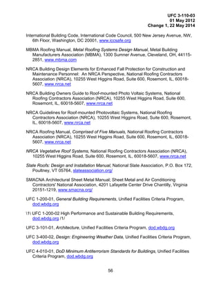 UFC 3-110-03
01 May 2012
Change 1, 22 May 2014
56
International Building Code, International Code Council, 500 New Jersey Avenue, NW,
6th Floor, Washington, DC 20001, www.iccsafe.org
MBMA Roofing Manual, Metal Roofing Systems Design Manual, Metal Building
Manufacturers Association (MBMA), 1300 Sumner Avenue, Cleveland, OH, 44115-
2851, www.mbma.com
NRCA Building Design Elements for Enhanced Fall Protection for Construction and
Maintenance Personnel: An NRCA Perspective, National Roofing Contractors
Association (NRCA), 10255 West Higgins Road, Suite 600, Rosemont, IL, 60018-
5607, www.nrca.net
NRCA Building Owners Guide to Roof-mounted Photo Voltaic Systems, National
Roofing Contractors Association (NRCA), 10255 West Higgins Road, Suite 600,
Rosemont, IL, 60018-5607, www.nrca.net
NRCA Guidelines for Roof-mounted Photovoltaic Systems, National Roofing
Contractors Association (NRCA), 10255 West Higgins Road, Suite 600, Rosemont,
IL, 60018-5607, www.nrca.net
NRCA Roofing Manual, Comprised of Five Manuals, National Roofing Contractors
Association (NRCA), 10255 West Higgins Road, Suite 600, Rosemont, IL, 60018-
5607, www.nrca.net
NRCA Vegetative Roof Systems, National Roofing Contractors Association (NRCA),
10255 West Higgins Road, Suite 600, Rosemont, IL, 60018-5607, www.nrca.net
Slate Roofs: Design and Installation Manual, National Slate Association, P.O. Box 172,
Poultney, VT 05764, slateassociation.org/
SMACNA Architectural Sheet Metal Manual; Sheet Metal and Air Conditioning
Contractors' National Association, 4201 Lafayette Center Drive Chantilly, Virginia
20151-1219, www.smacna.org/
UFC 1-200-01, General Building Requirements, Unified Facilities Criteria Program,
dod.wbdg.org
1 UFC 1-200-02 High Performance and Sustainable Building Requirements,
dod.wbdg.org /1/
UFC 3-101-01, Architecture, Unified Facilities Criteria Program, dod.wbdg.org
UFC 3-400-02, Design: Engineering Weather Data, Unified Facilities Criteria Program,
dod.wbdg.org
UFC 4-010-01, DoD Minimum Antiterrorism Standards for Buildings, Unified Facilities
Criteria Program, dod.wbdg.org
 
