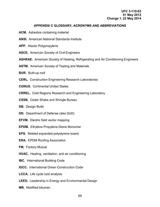 UFC 3-110-03
01 May 2012
Change 1, 22 May 2014
69
APPENDIX C GLOSSARY, ACRONYMS AND ABBREVIATIONS
ACM. Asbestos containing material
ANSI. American National Standards Institute
APP. Atactic Polypropylene
ASCE. American Society of Civil Engineers
ASHRAE. American Society of Heating, Refrigerating and Air Conditioning Engineers
ASTM. American Society of Testing and Materials
BUR. Built-up roof
CERL. Construction Engineering Research Laboratories
CONUS. Continental United States
CRREL. Cold Regions Research and Engineering Laboratory
CSSB. Cedar Shake and Shingle Bureau
DB. Design Build
DD. Department of Defense (also DoD)
EFVM. Electric field vector mapping
EPDM. Ethylene Propylene Diene Monomer
EPS. Molded expanded polystyrene board.
ERA. EPDM Roofing Association
FM. Factory Mutual
HVAC. Heating, ventilation, and air conditioning
IBC. International Building Code
IGCC. International Green Construction Code
LCCA. Life cycle cost analysis
LEED. Leadership in Energy and Environmental Design
MB. Modified bitumen
 