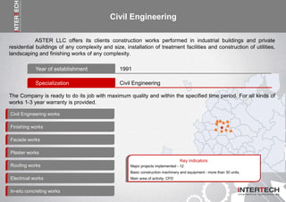 Civil Engineering
ASTER LLC offers its clients construction works performed in industrial buildings and private
residential buildings of any complexity and size, installation of treatment facilities and construction of utilities,
landscaping and finishing works of any complexity.
Civil Engineering works
Year of establishment 1991
Specialization Civil Engineering
The Company is ready to do its job with maximum quality and within the specified time period. For all kinds of
works 1-3 year warranty is provided.
Key indicators
Finishing works
Facade works
Plaster works
Electrical works
In-situ concreting works
Roofing works Major projects implemented - 12
Basic construction machinery and equipment - more than 30 units.
Main area of activity: CFD
 