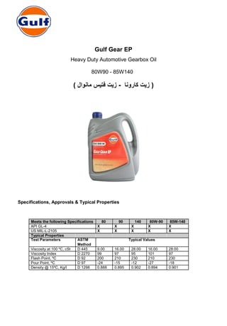 Gulf Gear EP
Heavy Duty Automotive Gearbox Oil
80W90 - 85W140
‫كارونا‬ ‫زيت‬ (-) ‫مانوال‬ ‫فتيس‬ ‫زيت‬
Specifications, Approvals & Typical Properties
Meets the following Specifications 80 90 140 80W-90 85W-140
API GL-4 X X X X X
US MIL-L-2105 X X X X X
Typical Properties
Test Parameters ASTM Typical Values
Method
Viscosity at 100 ºC, cSt D 445 9.00 16.00 28.00 16.00 28.00
Viscosity Index D 2270 99 97 95 101 97
Flash Point, ºC D 92 200 210 230 210 230
Pour Point, ºC D 97 -24 -15 -12 -27 -18
Density @ 15ºC, Kg/l D 1298 0.888 0.895 0.902 0.894 0.901
 