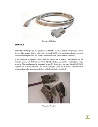 6
Figure 1.4 Modbus
PROFIBUS
PROFIBUS-DP purpose is for larger devices like PCs and PLCs to talk with multiple smaller
devices like sensors, drives, valves, etc. It uses RS-485 for transmission of data. It uses a
shielded twisted pair cable and enables data transmission speeds up to 12 Mbit/sec.
A maximum of 9 segments (trunk line) are allowed on a network. The devices are the
branches coming off the trunk line. Up to 32 individual devices can be connected to a single
segment. That number can be expanded up to 126 if repeaters are used. Each PROFIBUS
segment can be a maximum of 1200 meters in length. There are 10 defined communication
speeds and each has a maximum defined cable length that’s permitted.
Figure 1.5 Profibus
 