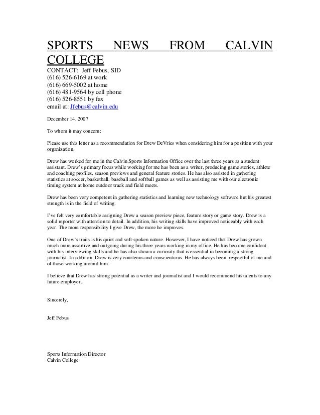 calvin college recommendation letter sports recommendation letter