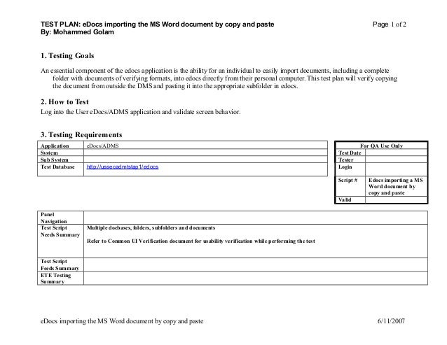 TEST PLAN EDocs Importing The MS Word Document By Copy And Paste Page 1 Of