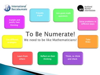 Take
Risks
Think, re-think
and check
Reflect on their
thinking
Learn from
others
Solve problems in
different ways
Explain and
justify their
thinking
Ask good math
questions
Friendly
argue
Use different
strategies
 
