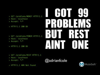 > GET /problems/MONEY HTTP/1.1   I	 GOT	 99
                                 PROBLEMS
> Host: localhost
> Accept: */*

< HTTP/1.1 200 OK




> GET /problems/POWER HTTP/1.1
> Host: localhost
                                 BUT	 REST
                                 AINT	 ONE
> Accept: */*

< HTTP/1.1 200 OK



> GET /problems/REST HTTP/1.1
> Host: localhost
> Accept: */*
                                 @adrianfcole
< HTTP/1.1 404 Not Found
 