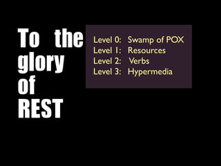 To	 the	 
        Level 0:
        Level 1:
                   Swamp of POX
                   Resources
glory	  Level 2:
        Level 3:
                   Verbs
                   Hypermedia

of	 
REST
 