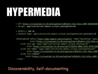HYPERMEDIA
    > GET https://vcloud/api/v1.0/catalogItem/1c01defe-1111-42ac-a50f-9dd4e03546
    > Accept: application/vnd.vmware.vcloud.catalogItem+xml

    < HTTP/1.1 200 OK
    < Content-Type: application/vnd.vmware.vcloud.catalogItem+xml;version=1.0

    <CatalogItem xmlns="http://www.vmware.com/vcloud/v1" name="mycatalog" type="
                 href="https://vcloud/api/v1.0/catalogItem/1c01defe-1111-42ac-a5
        <Link rel="up" type="application/vnd.vmware.vcloud.catalog+xml"
              href="https://vcloud/api/v1.0/catalog/7f192dfe-00d1-42f2-9f76-9360
        <Link rel="edit" type="application/vnd.vmware.vcloud.catalogItem+xml"
              href="https://vcloud/api/v1.0/catalogItem/1c01defe-1111-42ac-a50f-
        <Link rel="remove"
             href="https://vcloud/api/v1.0/catalogItem/1c01defe-1111-42ac-a50f-9
    --snip--




Discoverability, Self-documenting
 
