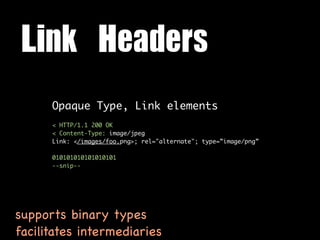 Link	 Headers
      Opaque Type, Link elements
      < HTTP/1.1 200 OK
      < Content-Type: image/jpeg
      Link: </images/foo.png>; rel="alternate"; type=”image/png”

      010101010101010101
      --snip--




supports binary types
facilitates intermediaries
 