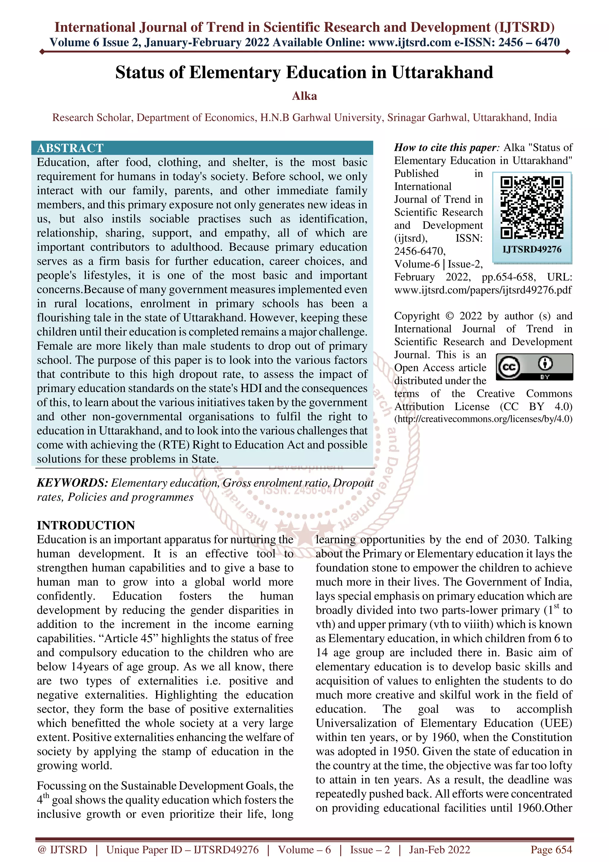 Status of Elementary Education in Uttarakhand | PDF