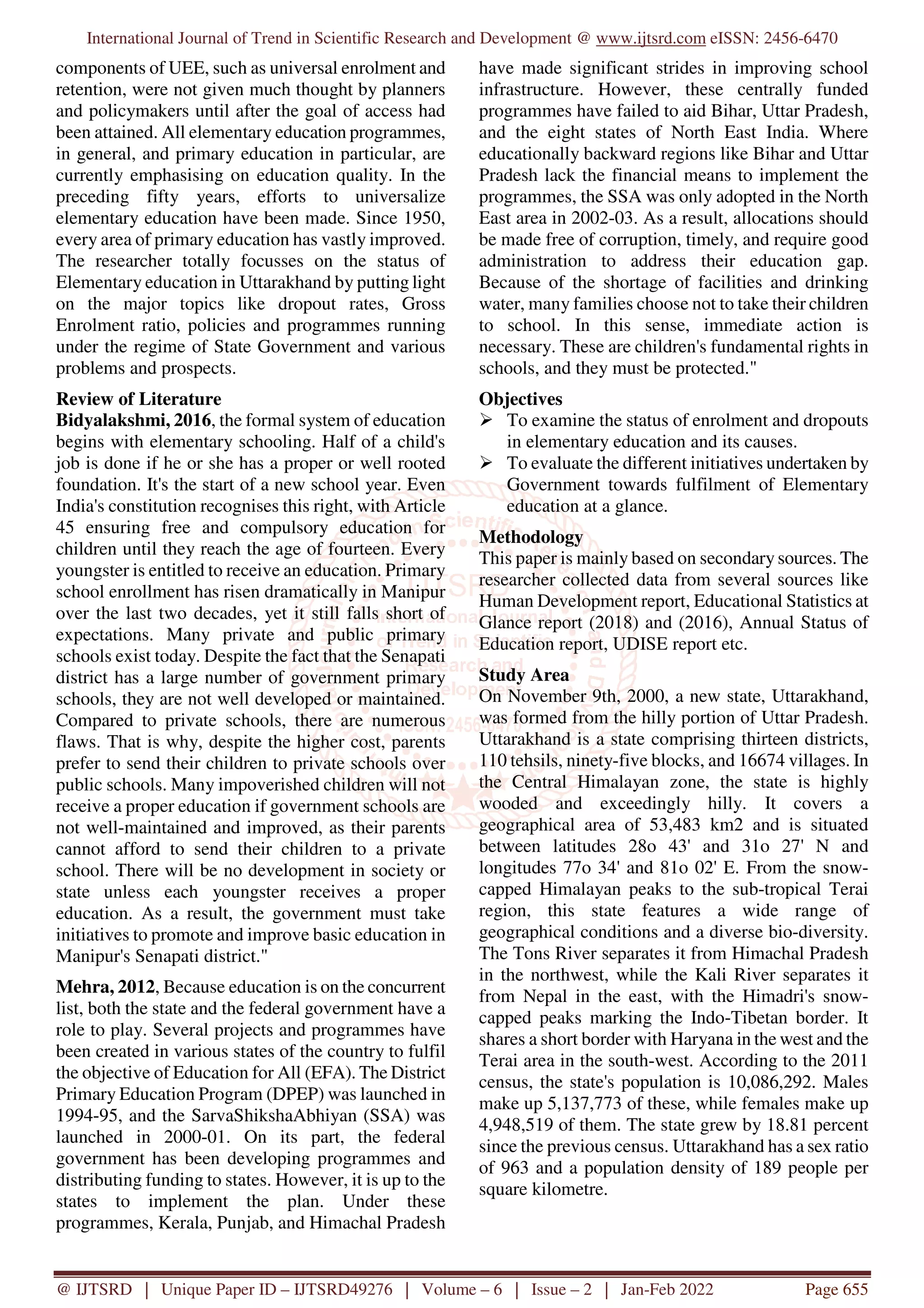 Status of Elementary Education in Uttarakhand | PDF