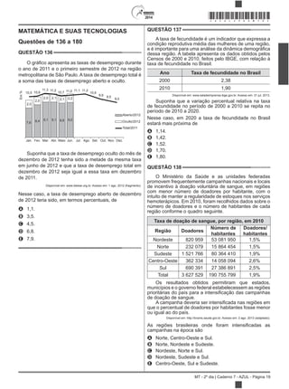 2014
MT - 2º dia | Caderno 7 - AZUL - Página 19
MATEMÁTICA E SUAS TECNOLOGIAS
Questões de 136 a 180
QUESTÃO 136
o ano de 2011 e o primeiro semestre de 2012 na região
metropolitana de São Paulo. A taxa de desemprego total é
a soma das taxas de desemprego aberto e oculto.
Jan. Fev. Mar. Abr. Maio Jun. Jul. Ago. Set. Out. Nov. Dez.
7,6
2,0
10,5 10,6
11,3 11,2
10,7 11,0 11,1 11,2
10,6
9,9 9,5
9,0
Em%
2,0
2,0 2,1 2,1 2,2
8,4 9,1 9,1 8,8 9,0
Aberto/2012
Oculto/2012
Total/2011
Suponha que a taxa de desemprego oculto do mês de
dezembro de 2012 tenha sido a metade da mesma taxa
em junho de 2012 e que a taxa de desemprego total em
dezembro de 2012 seja igual a essa taxa em dezembro
de 2011.
Disponível em: www.dieese.org.br. Acesso em: 1 ago. 2012 (fragmento).
Nesse caso, a taxa de desemprego aberto de dezembro
de 2012 teria sido, em termos percentuais, de
A 1,1.
B 3,5.
C 4,5.
D 6,8.
E 7,9.
QUESTÃO 137
A taxa de fecundidade é um indicador que expressa a
condição reprodutiva média das mulheres de uma região,
dessa região. A tabela apresenta os dados obtidos pelos
Censos de 2000 e 2010, feitos pelo IBGE, com relação à
taxa de fecundidade no Brasil.
Ano Taxa de fecundidade no Brasil
2000 2,38
2010 1,90
Disponível em: www.saladeimprensa.ibge.gov.br. Acesso em: 31 jul. 2013.
Suponha que a variação percentual relativa na taxa
de fecundidade no período de 2000 a 2010 se repita no
período de 2010 a 2020.
Nesse caso, em 2020 a taxa de fecundidade no Brasil
estará mais próxima de
A 1,14.
B 1,42.
C 1,52.
D 1,70.
E 1,80.
QUESTÃO 138
O Ministério da Saúde e as unidades federadas
promovem frequentemente campanhas nacionais e locais
de incentivo à doação voluntária de sangue, em regiões
com menor número de doadores por habitante, com o
intuito de manter a regularidade de estoques nos serviços
hemoterápicos. Em 2010, foram recolhidos dados sobre o
número de doadores e o número de habitantes de cada
região conforme o quadro seguinte.
Taxa de doação de sangue, por região, em 2010
Região Doadores
Número de
habitantes
Doadores/
habitantes
Nordeste 820 959 53 081 950 1,5%
Norte 232 079 15 864 454 1,5%
Sudeste 1 521 766 80 364 410 1,9%
Centro-Oeste 362 334 14 058 094 2,6%
Sul 690 391 27 386 891 2,5%
Total 3 627 529 190 755 799 1,9%
Os resultados obtidos permitiram que estados,
municípios e o governo federal estabelecessem as regiões
de doação de sangue.
que o percentual de doadores por habitantes fosse menor
ou igual ao do país.
Disponível em: http://bvsms.saude.gov.br. Acesso em: 2 ago. 2013 (adaptado).
campanhas na época são
A Norte, Centro-Oeste e Sul.
B Norte, Nordeste e Sudeste.
C Nordeste, Norte e Sul.
D Nordeste, Sudeste e Sul.
E Centro-Oeste, Sul e Sudeste.
*AZUL25DOM19*
 