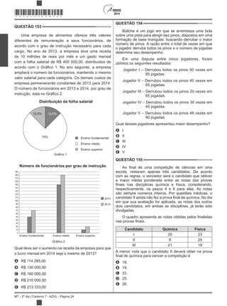 2014
MT - 2º dia | Caderno 7 - AZUL - Página 24
QUESTÃO 153
Uma empresa de alimentos oferece três valores
diferentes de remuneração a seus funcionários, de
acordo com o grau de instrução necessário para cada
cargo. No ano de 2013, a empresa teve uma receita
de 10 milhões de reais por mês e um gasto mensal
com a folha salarial de R$ 400 000,00, distribuídos de
ampliará o número de funcionários, mantendo o mesmo
valor salarial para cada categoria. Os demais custos da
empresa permanecerão constantes de 2013 para 2014.
O número de funcionários em 2013 e 2014, por grau de
Distribuição da folha salarial
Ensino fundamental
Ensino médio
Ensino superior
Gráfico 1
12,5%
75%
12,5%
2013
2014
Número de funcionários por grau de instrução
Gráfico 2
Ensino fundamental Ensino médio Ensino superior
190
180
170
160
150
140
130
120
110
100
90
80
70
60
50
40
30
20
10
0
Qual deve ser o aumento na receita da empresa para que
o lucro mensal em 2014 seja o mesmo de 2013?
A R$ 114 285,00
B R$ 130 000,00
C R$ 160 000,00
D R$ 210 000,00
E R$ 213 333,00
QUESTÃO 154
Boliche é um jogo em que se arremessa uma bola
sobre uma pista para atingir dez pinos, dispostos em uma
formação de base triangular, buscando derrubar o maior
número de pinos. A razão entre o total de vezes em que
o jogador derruba todos os pinos e o número de jogadas
determina seu desempenho.
Em uma disputa entre cinco jogadores, foram
obtidos os seguintes resultados:
Jogador I – Derrubou todos os pinos 50 vezes em
85 jogadas.
Jogador II – Derrubou todos os pinos 40 vezes em
65 jogadas.
Jogador III – Derrubou todos os pinos 20 vezes em
65 jogadas.
Jogador IV – Derrubou todos os pinos 30 vezes em
40 jogadas.
Jogador V – Derrubou todos os pinos 48 vezes em
90 jogadas.
Qual desses jogadores apresentou maior desempenho?
A I
B II
C III
D IV
E V
QUESTÃO 155
escola, restaram apenas três candidatos. De acordo
com as regras, o vencedor será o candidato que obtiver
a maior média ponderada entre as notas das provas
respectivamente, os pesos 4 e 6 para elas. As notas
são sempre números inteiros. Por questões médicas, o
em que sua avaliação for aplicada, as notas dos outros
dois candidatos, em ambas as disciplinas, já terão sido
divulgadas.
Candidato Química Física
I 20 23
II X 25
III 21 18
A menor nota que o candidato II deverá obter na prova
A 18.
B 19.
C 22.
D 25.
E 26.
*AZUL25DOM24*
 