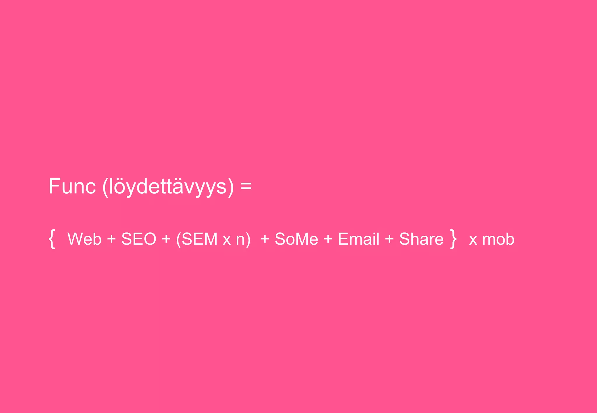 Func (löydettävyys) =
{ Web + SEO + (SEM x n) + SoMe + Email + Share } x mob
 