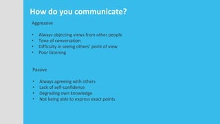 Aggressive
• Always objecting views from other people
• Tone of conversation
• Difficulty in seeing others’ point of view
• Poor listening
Passive
• Always agreeing with others
• Lack of self-confidence
• Degrading own knowledge
• Not being able to express exact points
How do you communicate?
 