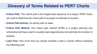 Glossary of Terms Related to PERT Charts
• Critical Path: The critical path is the longest task sequence of a project. PERT charts
are used to determine the critical path of a project to estimate its duration.
• Critical Path Activity: An activity with no slack.
• Critical Path Method: The critical path method (CPM) is a project planning and
scheduling technique used to visualize task dependencies and estimate the duration of
projects.
• Lead Time: How much time you should complete a task or activity without impacting
the following ones.
 