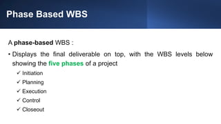 Phase Based WBS
A phase-based WBS :
• Displays the final deliverable on top, with the WBS levels below
showing the five phases of a project
 Initiation
 Planning
 Execution
 Control
 Closeout
 