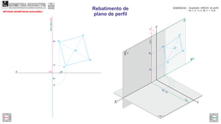 x
A2
B2
A1
B1
Or
O
Cr
Dr
Br
Ar
fo
x
har
a
Ar
Br
Dr
Cr
y
(fa)
(ha)
O3
A1
B1
A2
B2
z
e
(ha)(fa)
(e1)
e2
MÉTODOS GEOMÉTRCOS AUXILIARES I
Rebatimento de
plano de perfil
EXERCÍCIO: - Quadrado [ABCD] de perfil;
- A( 1; 2; 1) e B( 1; 1; )4,5
GEOMETRIA DESCRITIVAhttps://geometriadescritivamaisfacil.wordpress.com
Prev Next
 