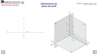 fo
x
A2
B2
x
A1
B1
y
A2
A
B2
B
A1
B1
O
z
MÉTODOS GEOMÉTRCOS AUXILIARES I
Rebatimento de
plano de perfil
EXERCÍCIO: - Quadrado [ABCD] de perfil;
- A( 1; 2; 1) e B( 1; 1; )4,5
GEOMETRIA DESCRITIVAhttps://geometriadescritivamaisfacil.wordpress.com
Prev Next
 