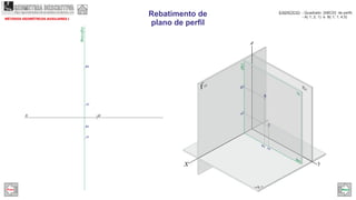 fo
x
x
(ha)(fa)
A2
B2
A1
B1
y
(fa)
(ha)
A2
A
B2
B
A1
B1
O
z
MÉTODOS GEOMÉTRCOS AUXILIARES I
Rebatimento de
plano de perfil
EXERCÍCIO: - Quadrado [ABCD] de perfil;
- A( 1; 2; 1) e B( 1; 1; )4,5
GEOMETRIA DESCRITIVAhttps://geometriadescritivamaisfacil.wordpress.com
Prev Next
 