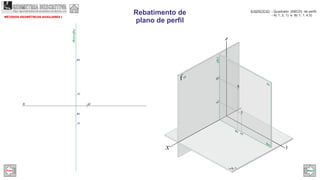 fo
x
x
(ha)(fa)
A2
B2
A1
B1
y
(fa)
(ha)
A2
A
B2
B
A1
B1
O
z
MÉTODOS GEOMÉTRCOS AUXILIARES I
Rebatimento de
plano de perfil
EXERCÍCIO: - Quadrado [ABCD] de perfil;
- A( 1; 2; 1) e B( 1; 1; )4,5
GEOMETRIA DESCRITIVAhttps://geometriadescritivamaisfacil.wordpress.com
Prev Next
 