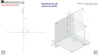 x
Br
Ar
fo
x
Ar
Br
har
a
y
A
B
O
A2
B2
A1
B1
(fa)
(ha)
A1
B1
A2
B2
z
e
(ha)(fa)
(e1)
e2
MÉTODOS GEOMÉTRCOS AUXILIARES I
Rebatimento de
plano de perfil
EXERCÍCIO: - Quadrado [ABCD] de perfil;
- A( 1; 2; 1) e B( 1; 1; )4,5
GEOMETRIA DESCRITIVAhttps://geometriadescritivamaisfacil.wordpress.com
Prev Next
 