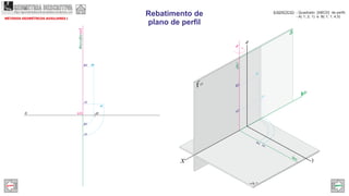 x
Br
Ar
fo
x
Ar
Br
har
a
y
O
A2
B2
A1
B1
A1
B1
A2
B2
z
e
(ha)(fa)
(e1)
e2
(fa)
(ha)
MÉTODOS GEOMÉTRCOS AUXILIARES I
Rebatimento de
plano de perfil
EXERCÍCIO: - Quadrado [ABCD] de perfil;
- A( 1; 2; 1) e B( 1; 1; )4,5
GEOMETRIA DESCRITIVAhttps://geometriadescritivamaisfacil.wordpress.com
Prev Next
 